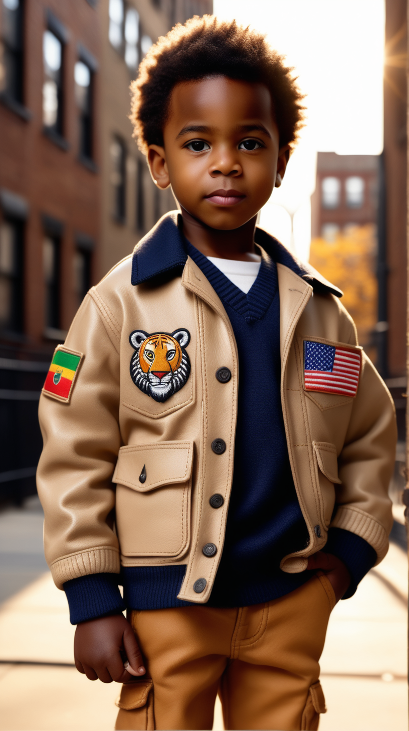 A cute, young little black boy , wearing a Navy, leather safari jacket, with one African flag patch on the center back, Beige V Neck sweater, wearing Brown corduroys, standing in Brooklyn, holding a small, toy tiger, 4k, realism, high definition clarity, brilliant early morning sunshine background