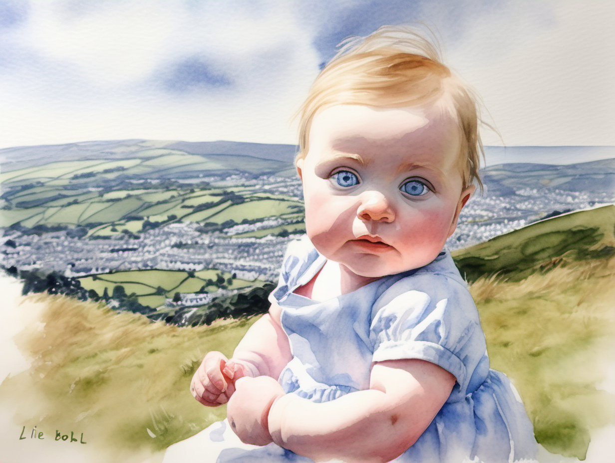 A water Colour painting of blue eyed baby girl Lillie on Tynwald hill 