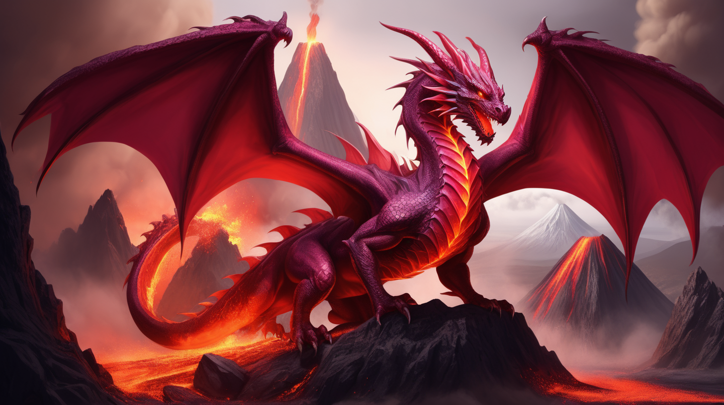 Draw Stunning fantasy Dragon ruby pose volcano