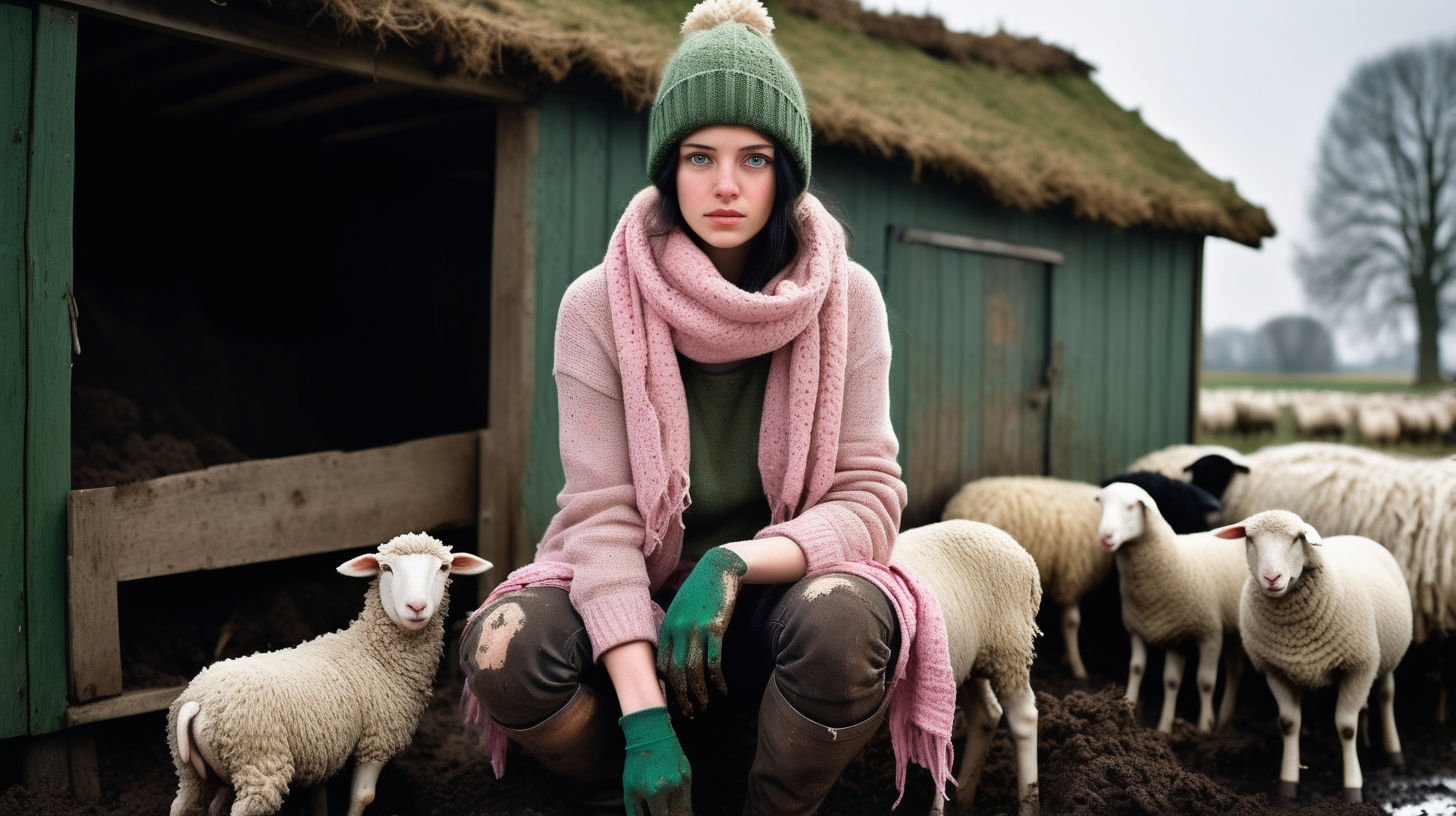 Deep winter. Snow everywhere. The young woman with green eyes and black hair digs in the fields and looks after animals. Everything is muddy - next to it there is an old and broken shack with black smoke coming out of the chimney. A wooden shed. Next to it is a stable - full of sheep and animals. There are also bales of straw. It's winter, it's very studenty. The girl is wearing a torn and torn dirty white woolen sweater, dirty mud-stained jeans, wearing a quilt and a knitted hat. On his feet are worn muddy and dirty rubber boots, from which white dirty knitted woolen home-made socks are coming out. Dressed with thick quilting in a dirty green color. There is a torn knitted pink scarf - dirty from the mud. He also wears funny knitted gloves.