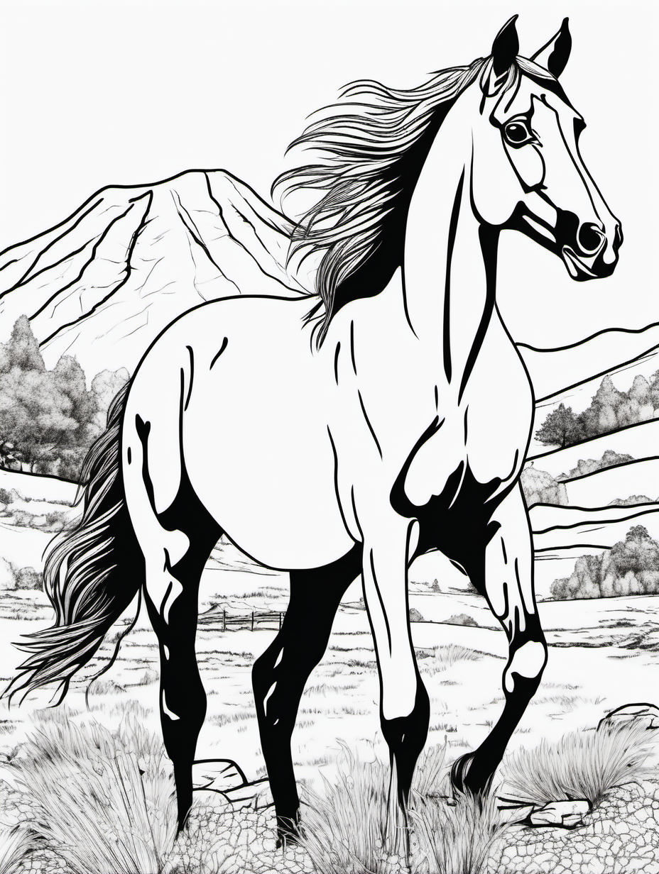 horse in the wild, coloring page, low details, no colors, no shadows