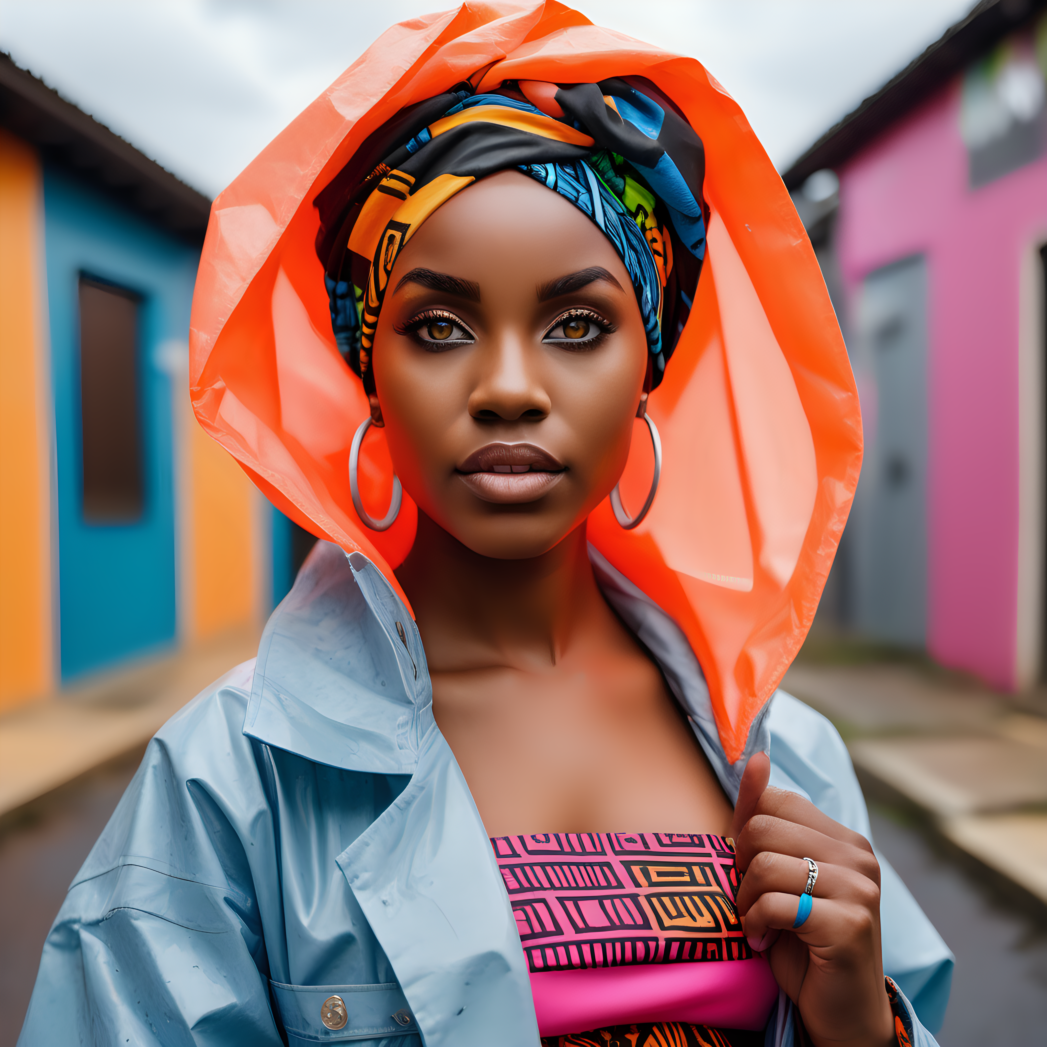 Beautiful Black woman with tribal markings on her eyes and forehead, wearing a multi color African headwrap and African print Skirt, cropped light flourescent transparent, rose colored rain coat, wearing a white tee with a black fist printed on the front, wearing denim with African print material  inside the pockets,  Vibrant images that represent African heritage, In the sernegetti, looking to the left, holding a  black lamb, view looking straight at , 4k, high definition, high resolution, light source from above right