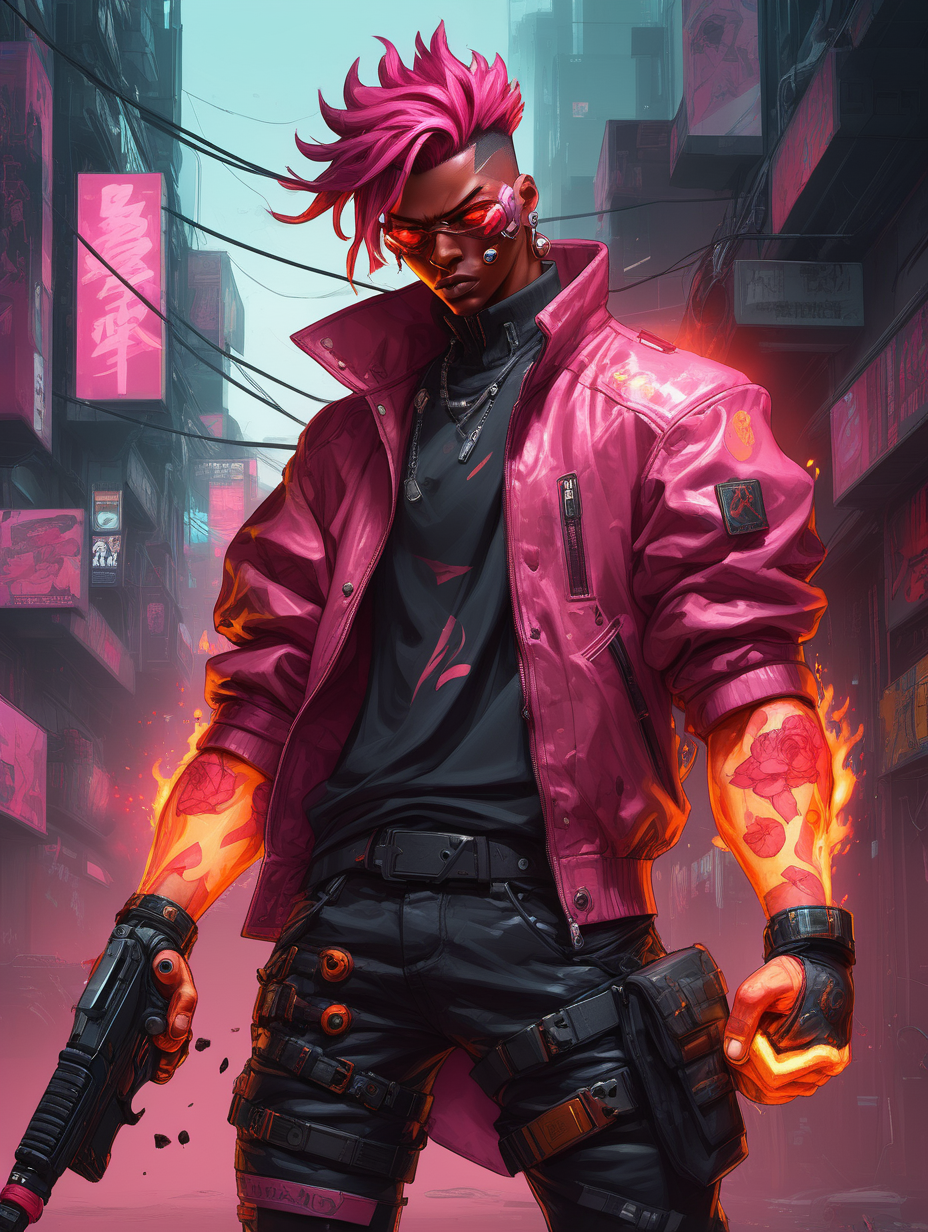 pink male fire fist cyberpunk street fighter with a weapon