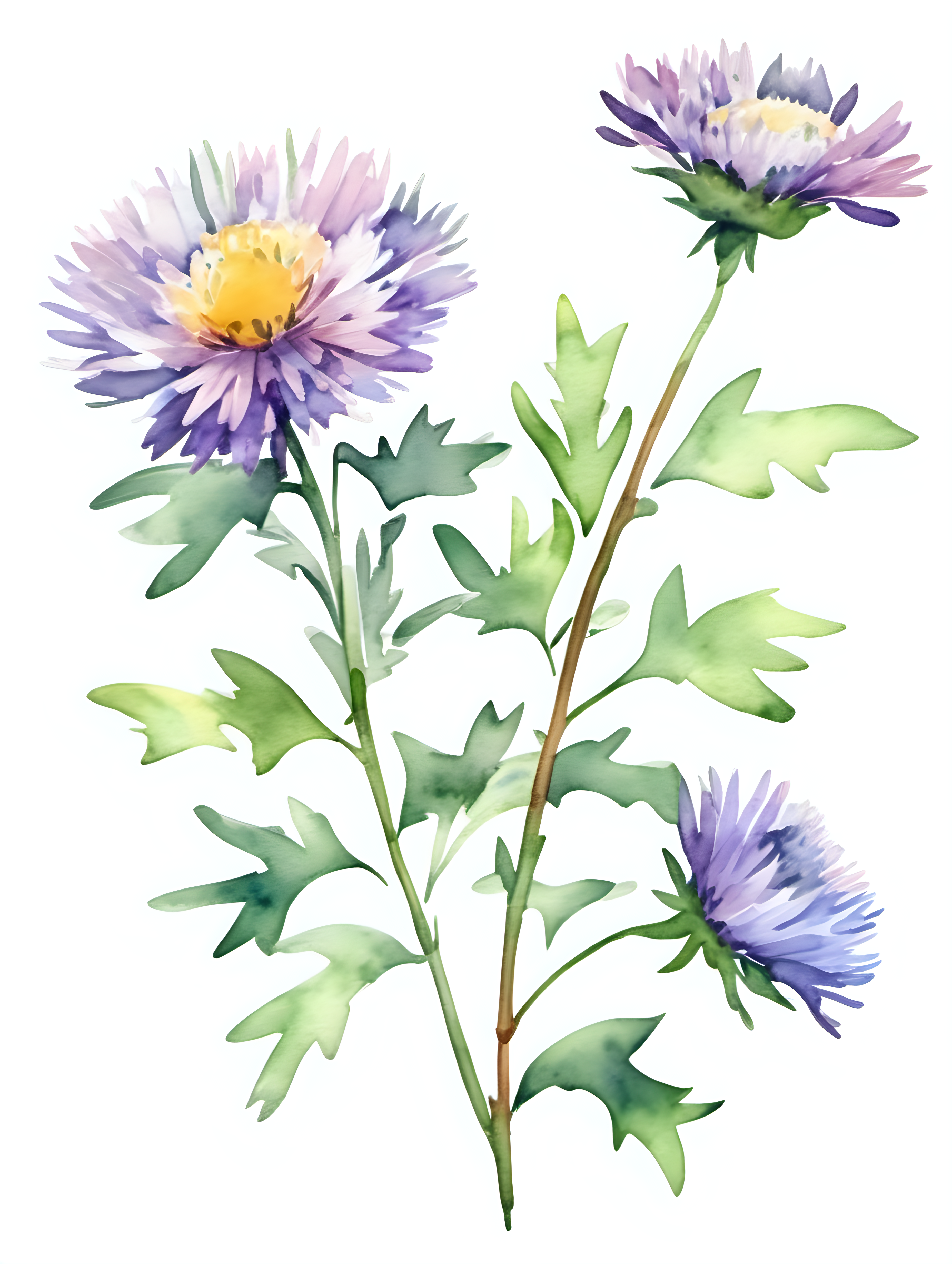 simple single aster, watercolor style, with a white background