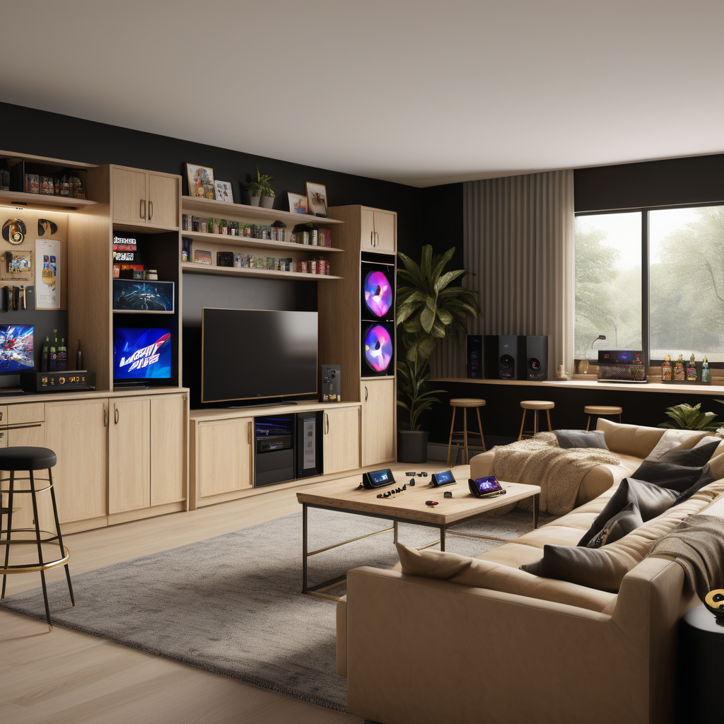 A hyperrealistic image of teenagers gaming room with a gaming computer setup, a large tv, gaming consoles and controllers, a large comfy sofa, a kitchenette with bar fridge, in a beige oak brass and black colour palette