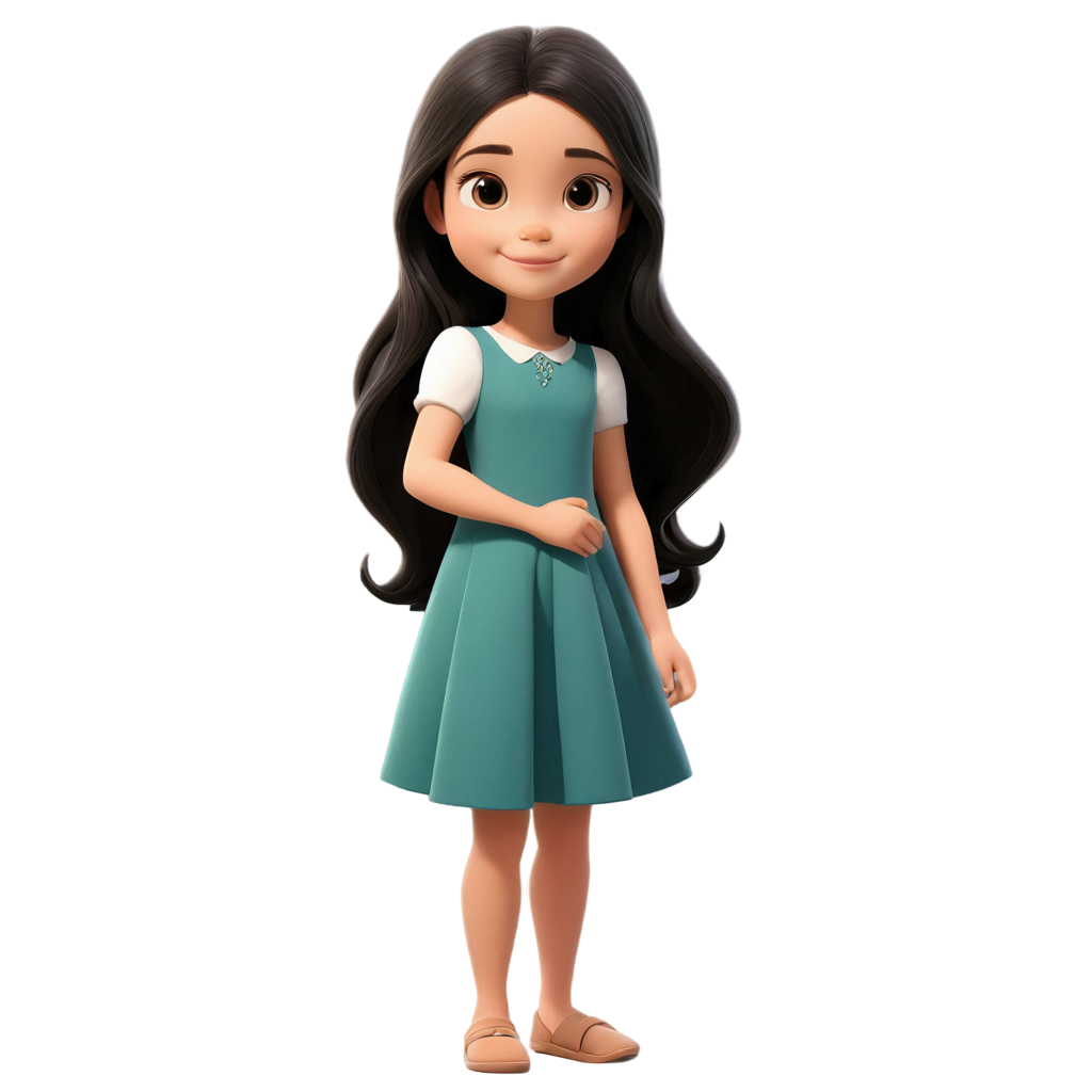 Cartoon for kids book of a beautiful little girl with mid lengh black hair and light brown eyes, inocent looking, wearing a dress and no shoes, her dress looks like from 70"s