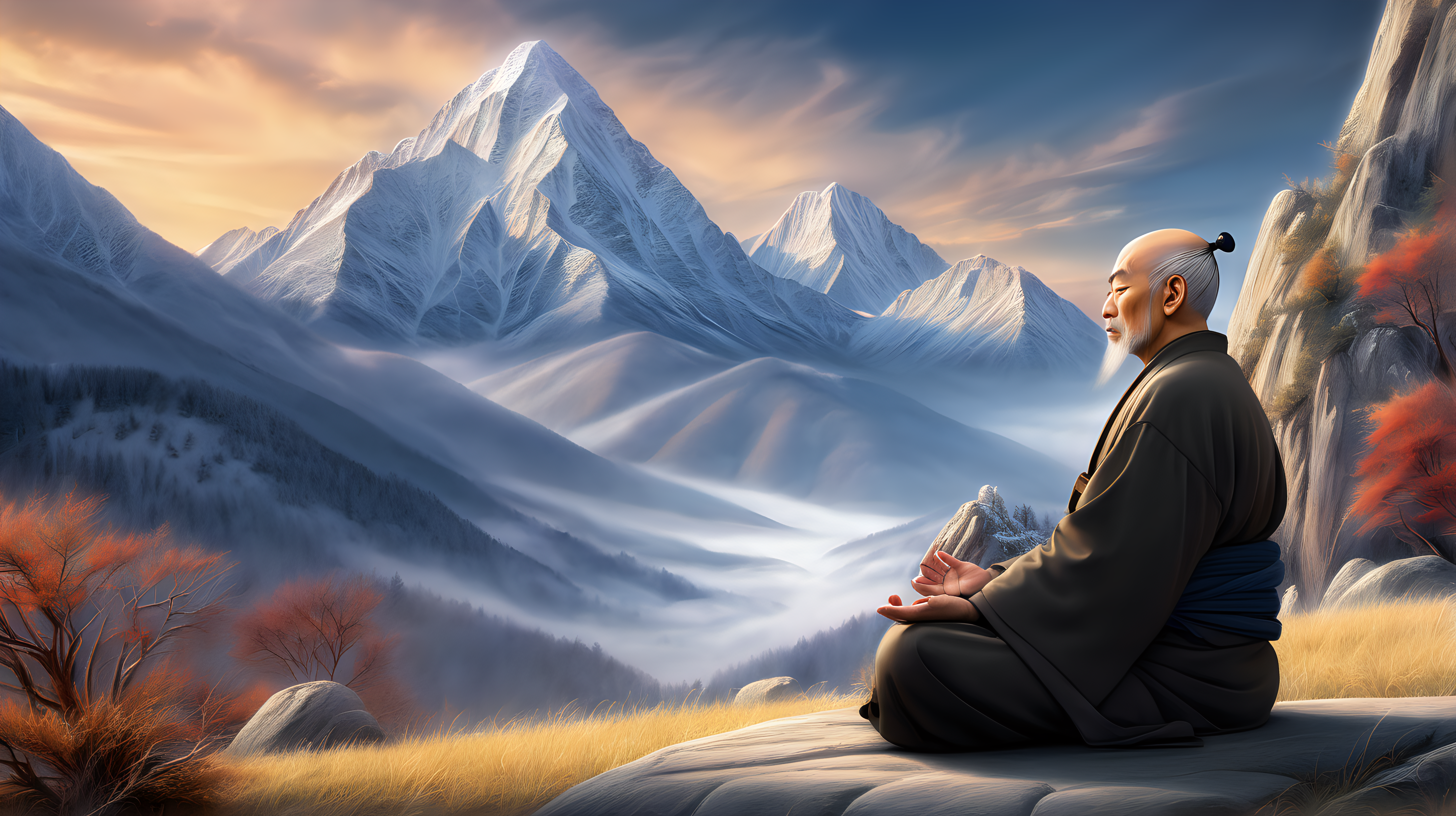 The zen master's stillness is palpable, as he sits in meditation amidst a beautiful mountain. The contrast between his peaceful presence and the chaotic surroundings creates a powerful visual. Rendered in a realistic style, with intricate details and vibrant colors, this image is a testament to the power of silence in any environment.