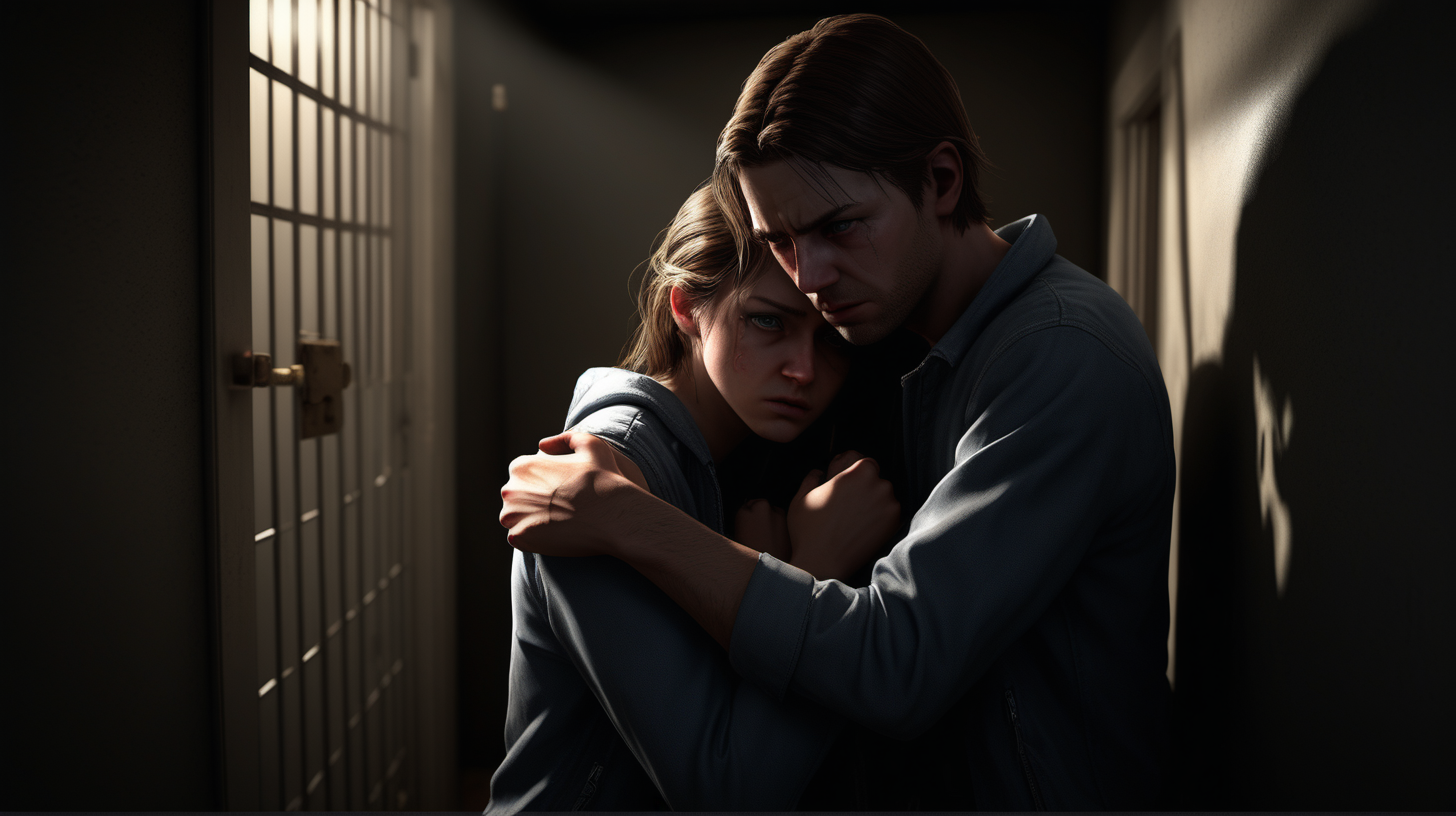 imagine prompt: realistic, personality: [Illustrate the protagonist and Jenny huddled together in a locked room, their faces filled with fear. The camera angle captures their tense expressions and clenched fists, emphasizing their vulnerability and desperation. The lighting adds to the intensity, casting shadows on their faces] unreal engine, hyper real --q 2 --v 5.2 --ar 16:9
