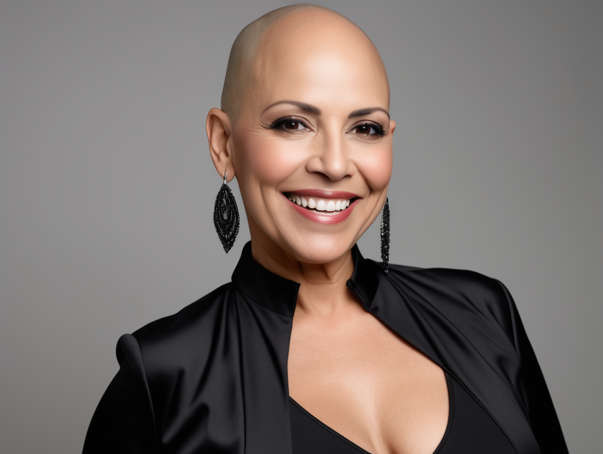 photoshoot of a mid-aged bald Latina female model posing and smiling in black upscale attire