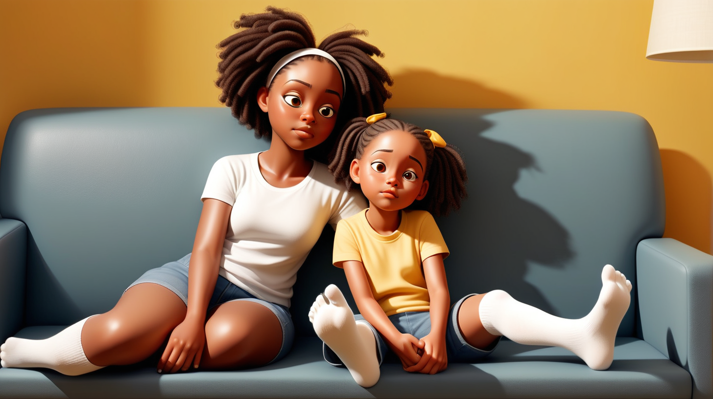 children's-book illustration: 
5-year-old, african-american girl, Mahkai, and her mom.

Mahkai is laying on the sofa, with her head on her moms lap. her mom is sitting on the sofa.

no-deformities; no-double-headed-characters.

yellow-background and yellow-sofa. make their bodies proportionate.

two-legs-per-character-only.


 beautiful-hands, detailed-fingers. looking at each other. 

same clothing in each image. They are both wearing blue-jeans and plain white t-shirts: 
vector art. 3d. natural, realistic looking. 

two-characters-only, mahkai and her mom only.

all whole-total-body-photos, from top-of-head-to-white-socks.

full-length portrait photo: showing white socks on both characters feet.

full body shot photo. show white socks on feet in each image.