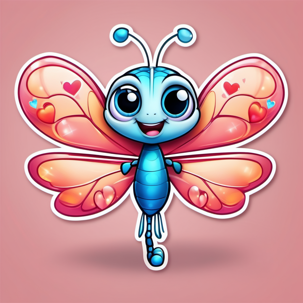 super Adorable little dragonfly cartoon
sticker valentine hearts,  sweet smile, character full body, so cute, excited, big bright eyes, shiny and fluffy,
fairytale, energetic, playful, incredibly high detail, 16k, octane rendering, gorgeous, ultra wide angle.