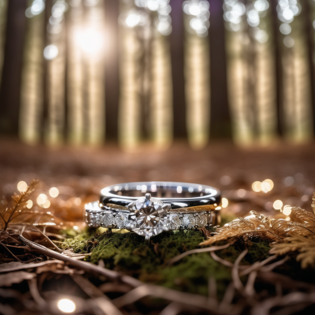 Gorgeous diamond wedding ring and male ring on the ground, surrounded by lights, bokeh background, in a beautiful forest wedding, ultra high detail, straight on shot