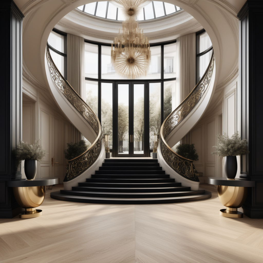 a hyperrealistic image of a grand modern Parisian entrance foyer with curved staircase; floor to ceiling windows; beige, oak, brass and black colour palette; Oak floor;