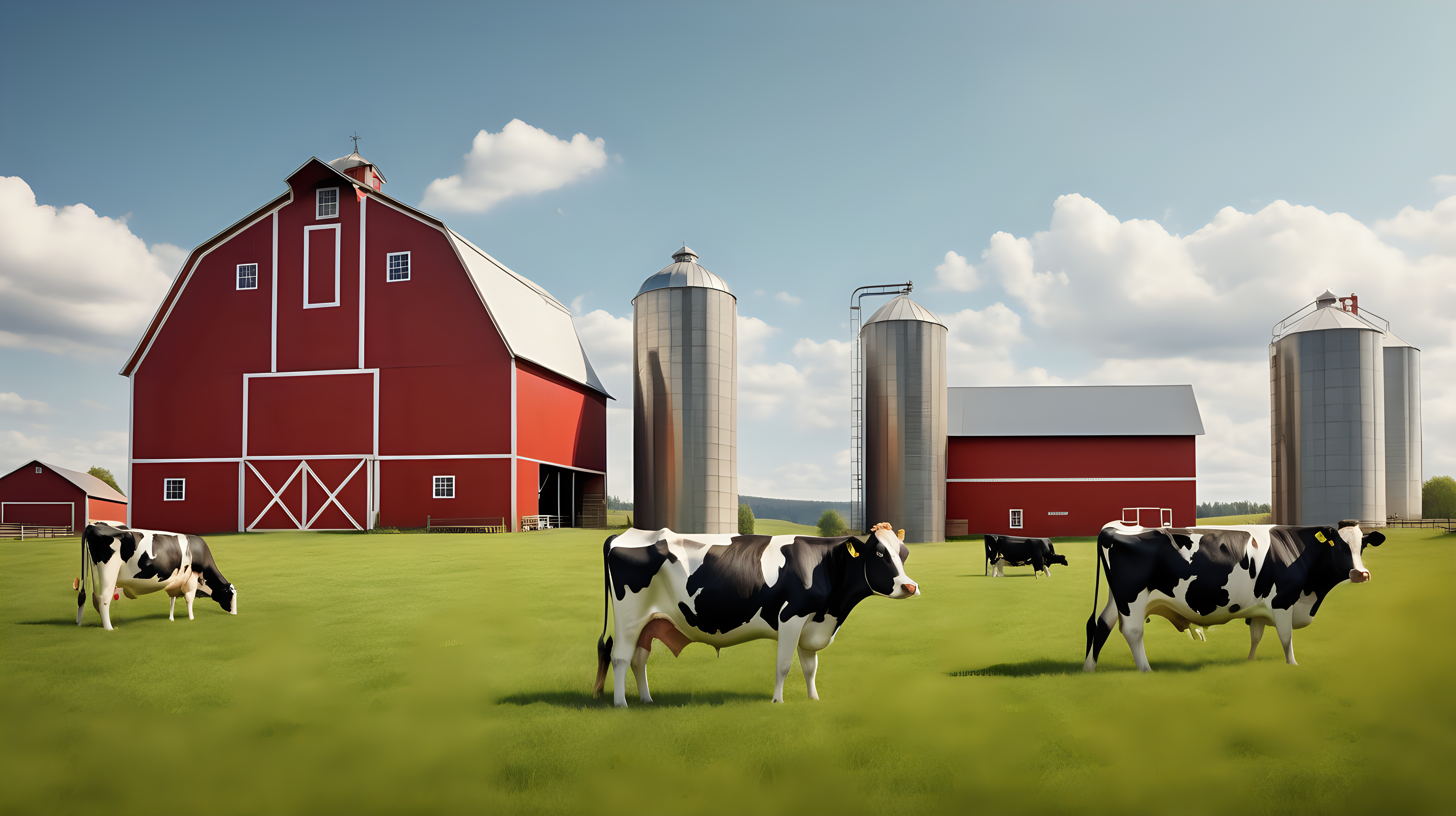 Cows grazing in a grassy farm pasture with red barn and silo. realistic photo