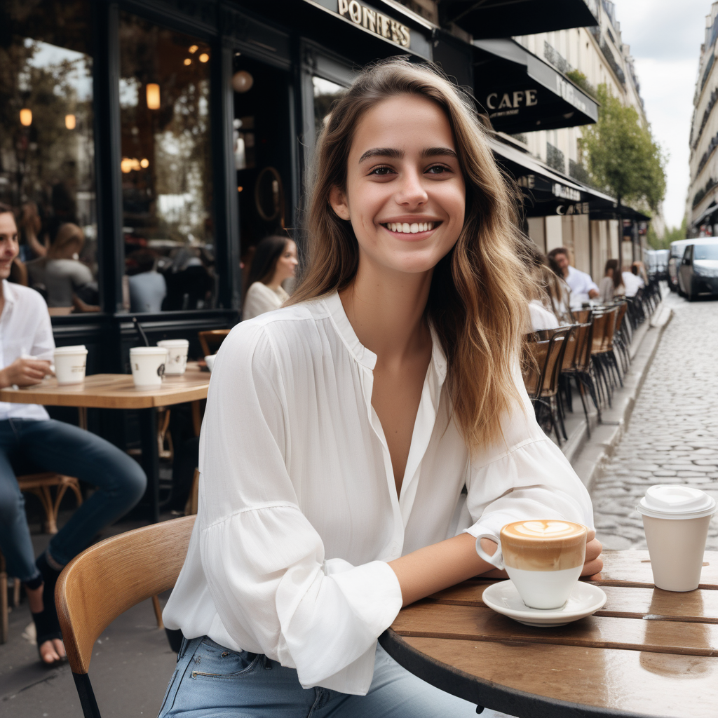 A smiling Emily Feld dressed in a long, white blouse and jeans sitting at a table outside a cafe in Paris having coffee