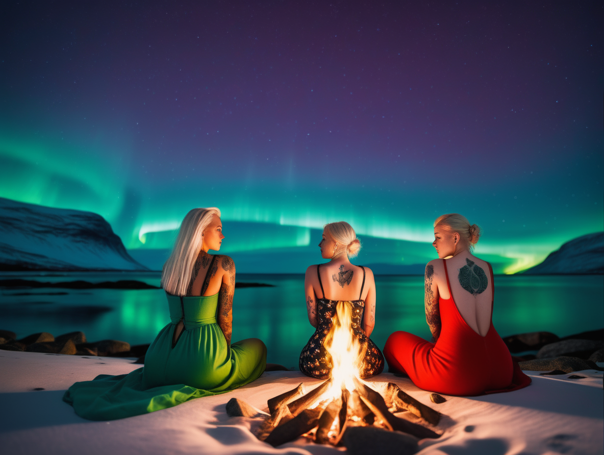 2 human females with tattoos large breasts and colourful open front dress sitting next to a fire on a beach under a starry sky in norway watching the northern lights