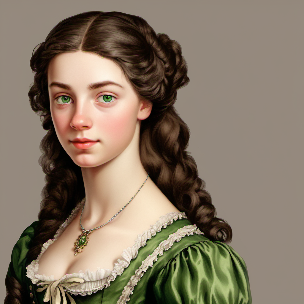 18th century gorgeous female teenager straight dark brown hair green eyes