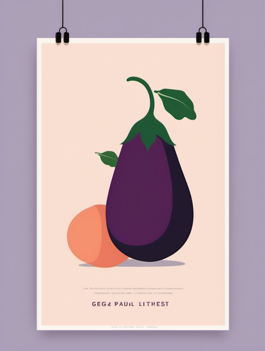 minimalist poster design featuring an eggplant and a peach 