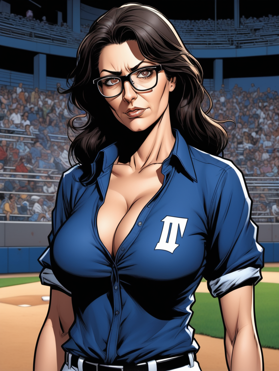 Beautiful, mature, brunette woman, teacher, glasses, ripped [Dark blue]shirt, breasts exposed, innocent [Detailed comic book art style] baseball game