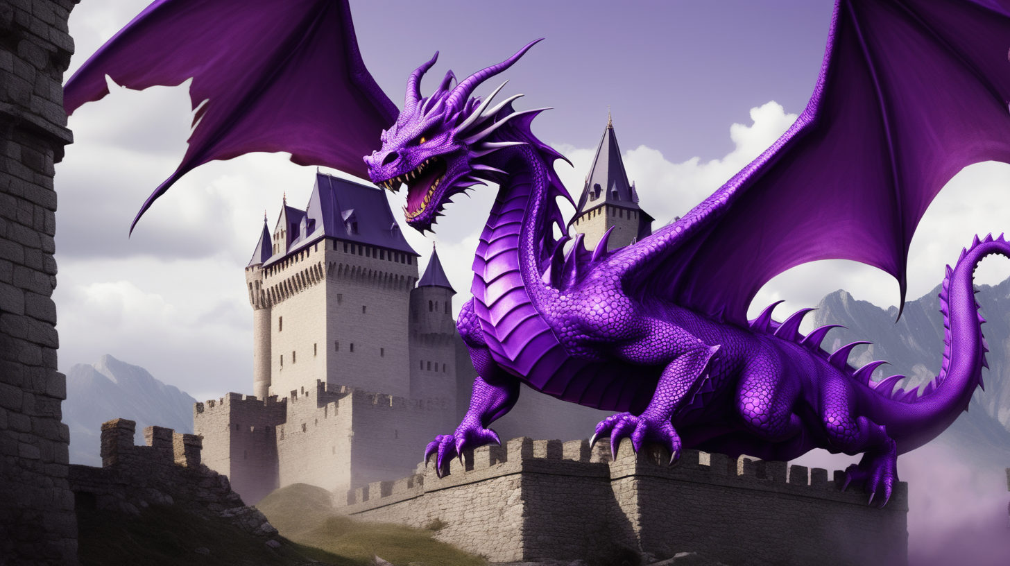purple dragon destroying an old castle