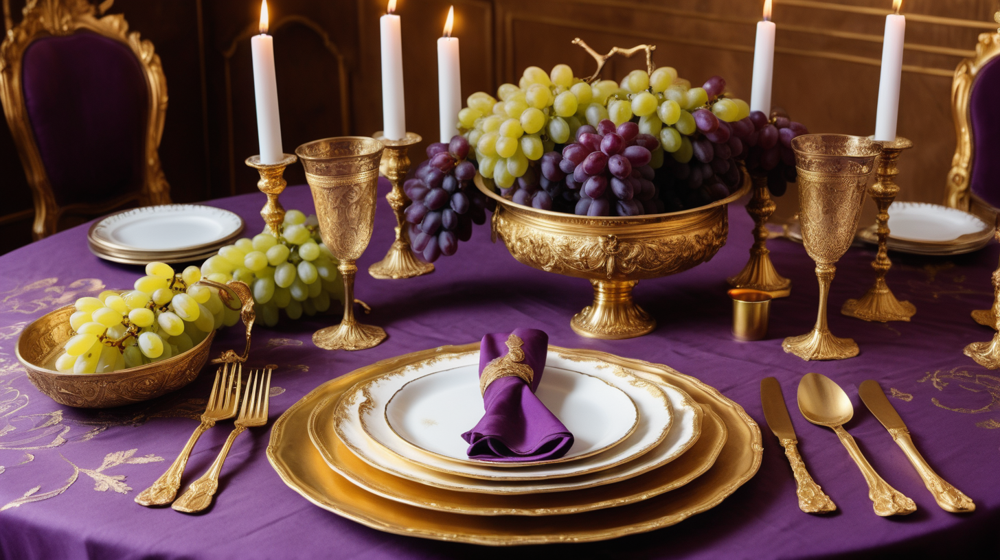 Purple tablecloth, old table, golden fancy place setting, golden serving dish, wine glasses, golden candlesticks, white candles, fancy, rich, luxe, purple, boombox on the table, grapes in a bowl, 