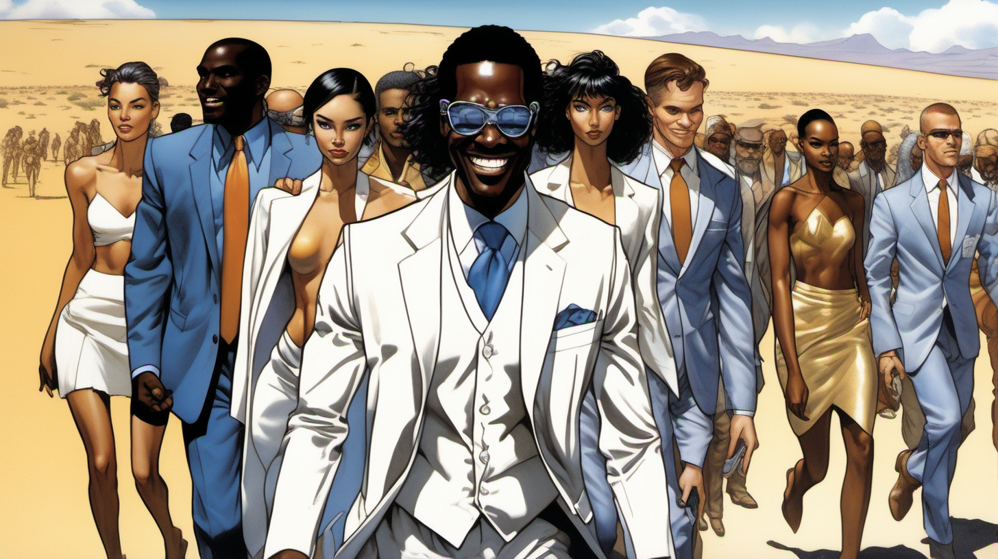 a black man with a smile leading a group of gorgeous and ethereal white,spanish, & black mixed men & women with earthy skin, walking in a desert with his colleagues, in full American suit, followed by a group of people in the art style of Hajime Sorayama comic book drawing, illustration, rule of thirds