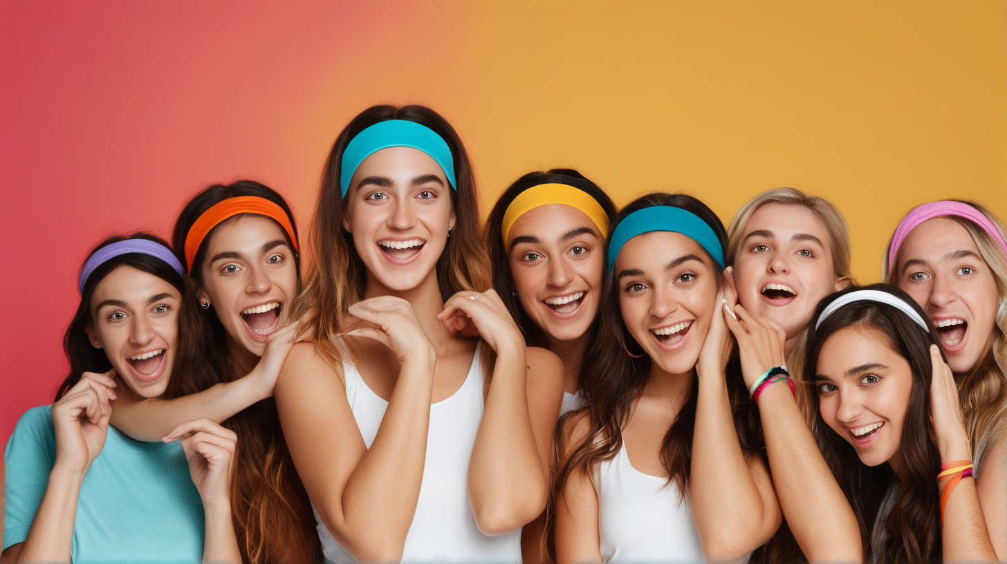Create me an image with #8395A7 color background and people holding out a headband that is called SLMBR