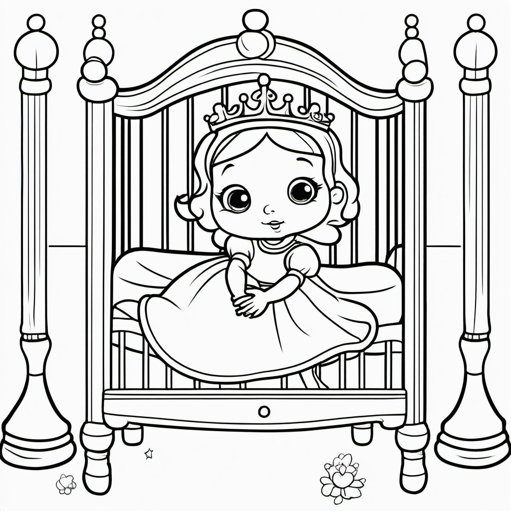 coloring pages for kids, baby princess in a crib , cartoon style, thick lines, low detail, no shading, black and white

