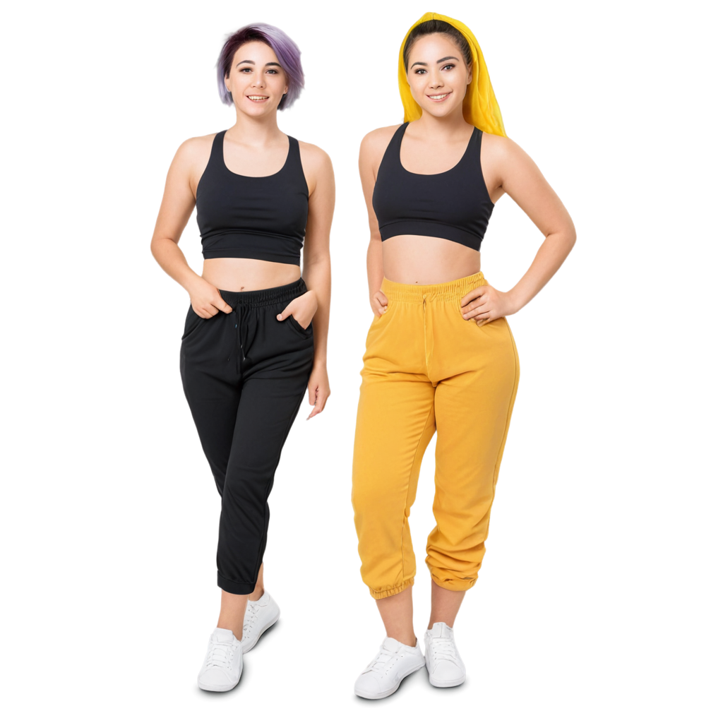 Curvy teen age girl in black wide pants, yellow singlet and white sneakers, purple hair, fat legs, full body