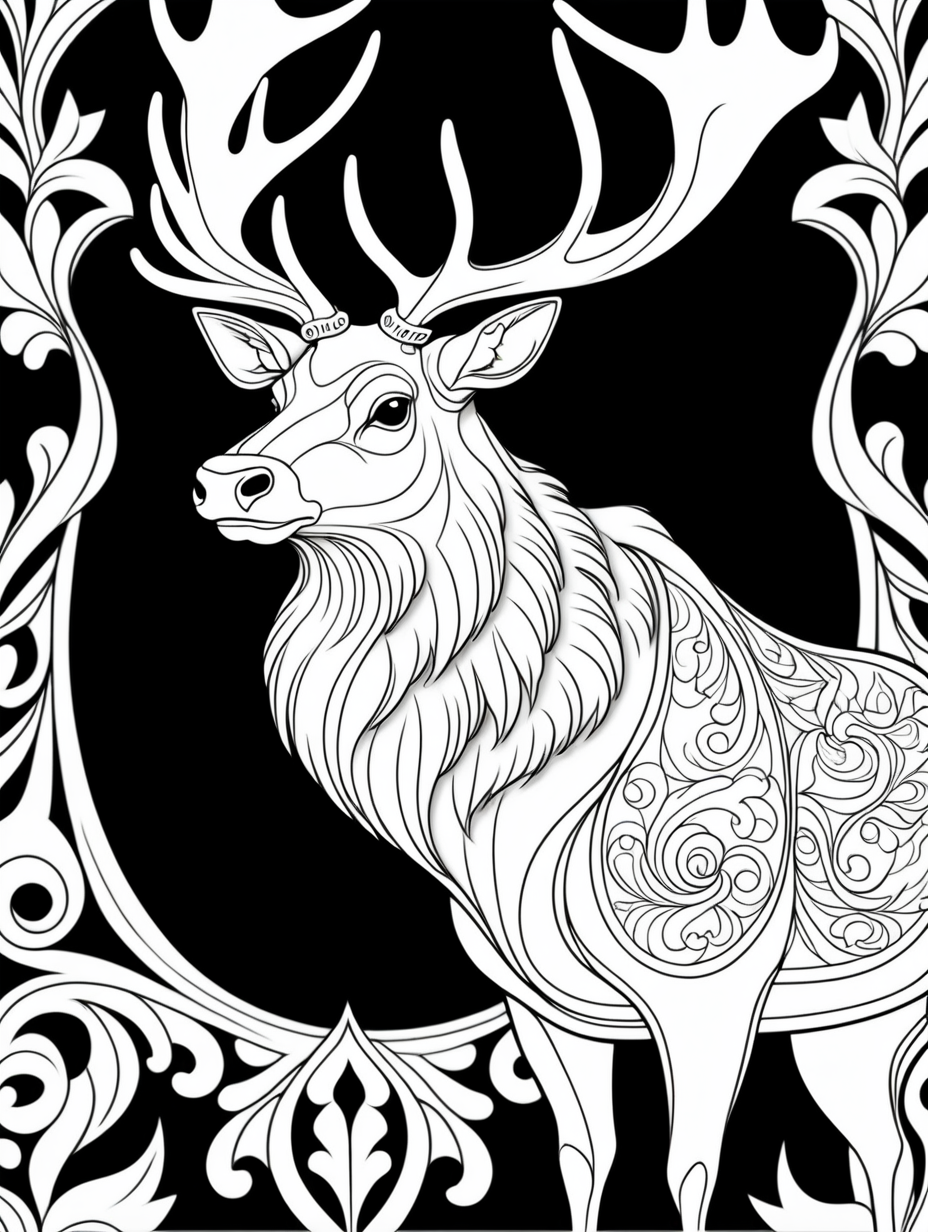 no shading, elk, damask Motif Pattern outlined, outline drawing, unfilled patterns, black and white, coloring book page,  clean line art, line art, no shading, clear edges, coloring book, black and white, no color, line work for coloring