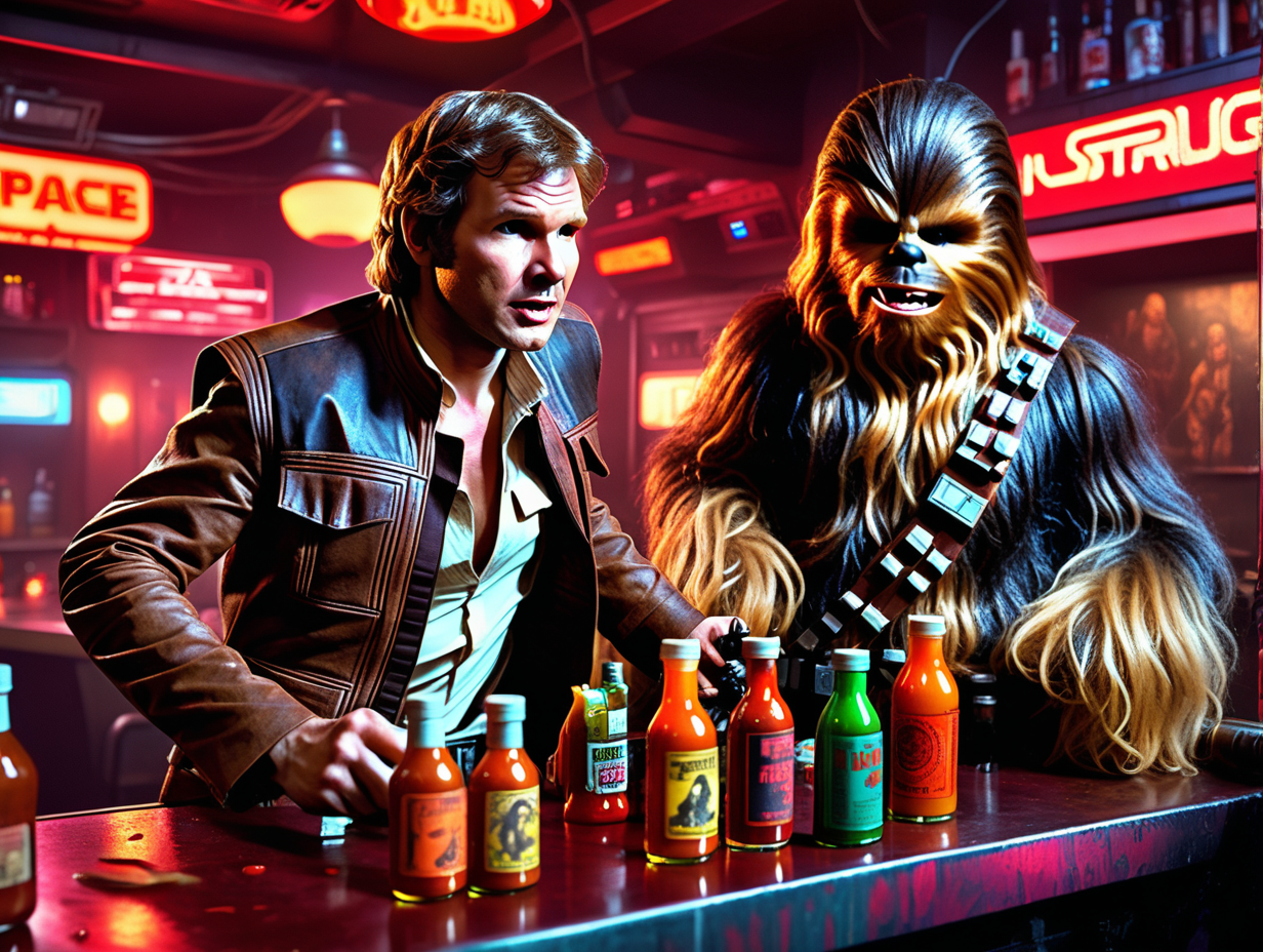han solo get into a fight with chewbacca over hot sauce in cyberpunk bar