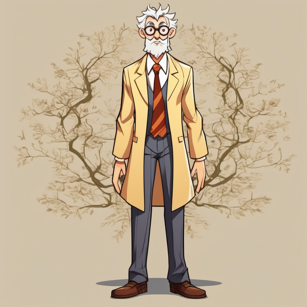 a human tree hybrid that is dressed like a wise school teacher in cartoon anime style