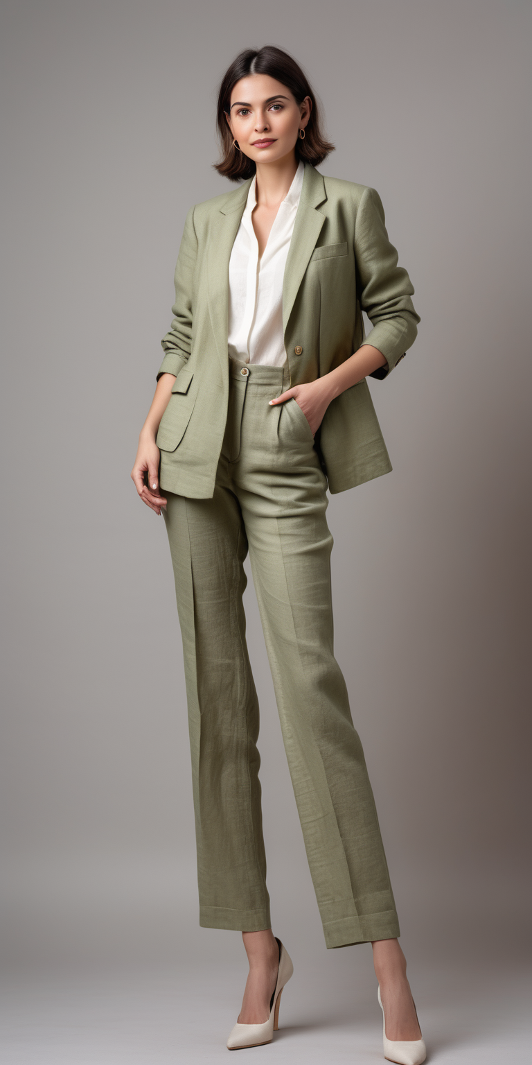 Woman wearing linen fabric green modern blazer jacket, beige linen tube-leg classic trousers, white stylish blouse, beige stiletto shoes, straight stance, gray background, 35 mm photography, full body 