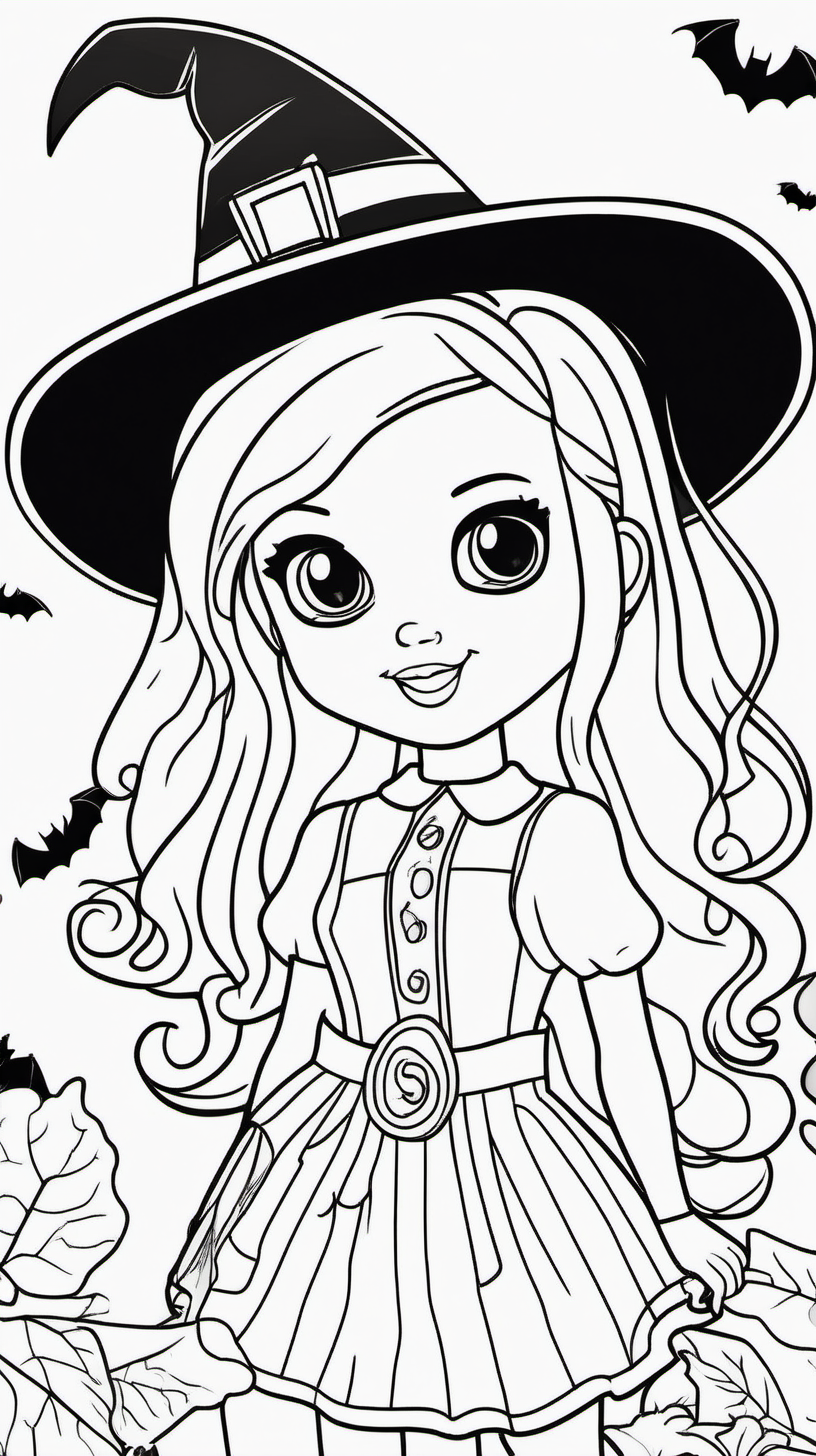 A children's coloring book about a white girl holding a doll and a girl celebrating Halloween happily. 80 pages. The background is in white color and without shadow and the black drawing is a fine line.