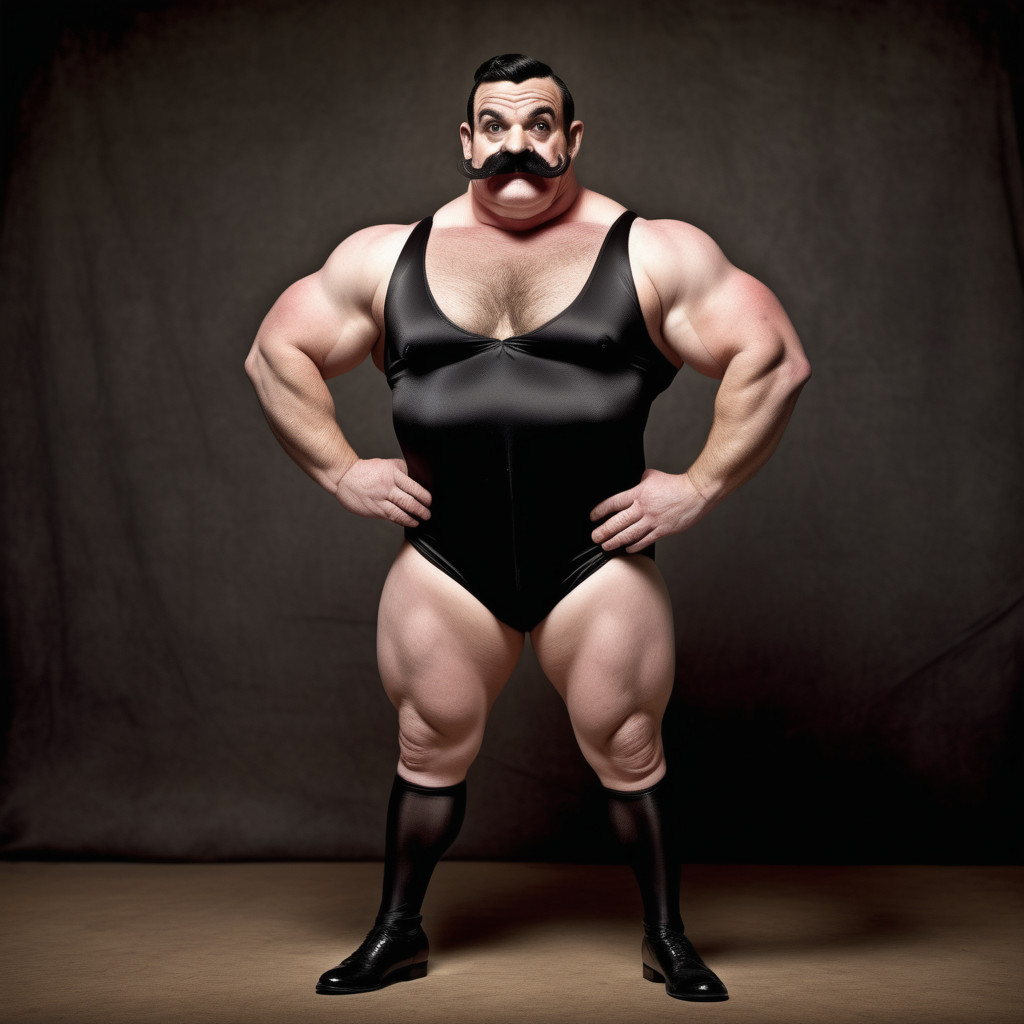 very muscular short stocky little person, big black moustache, black hair, unitard, freak show circus, day