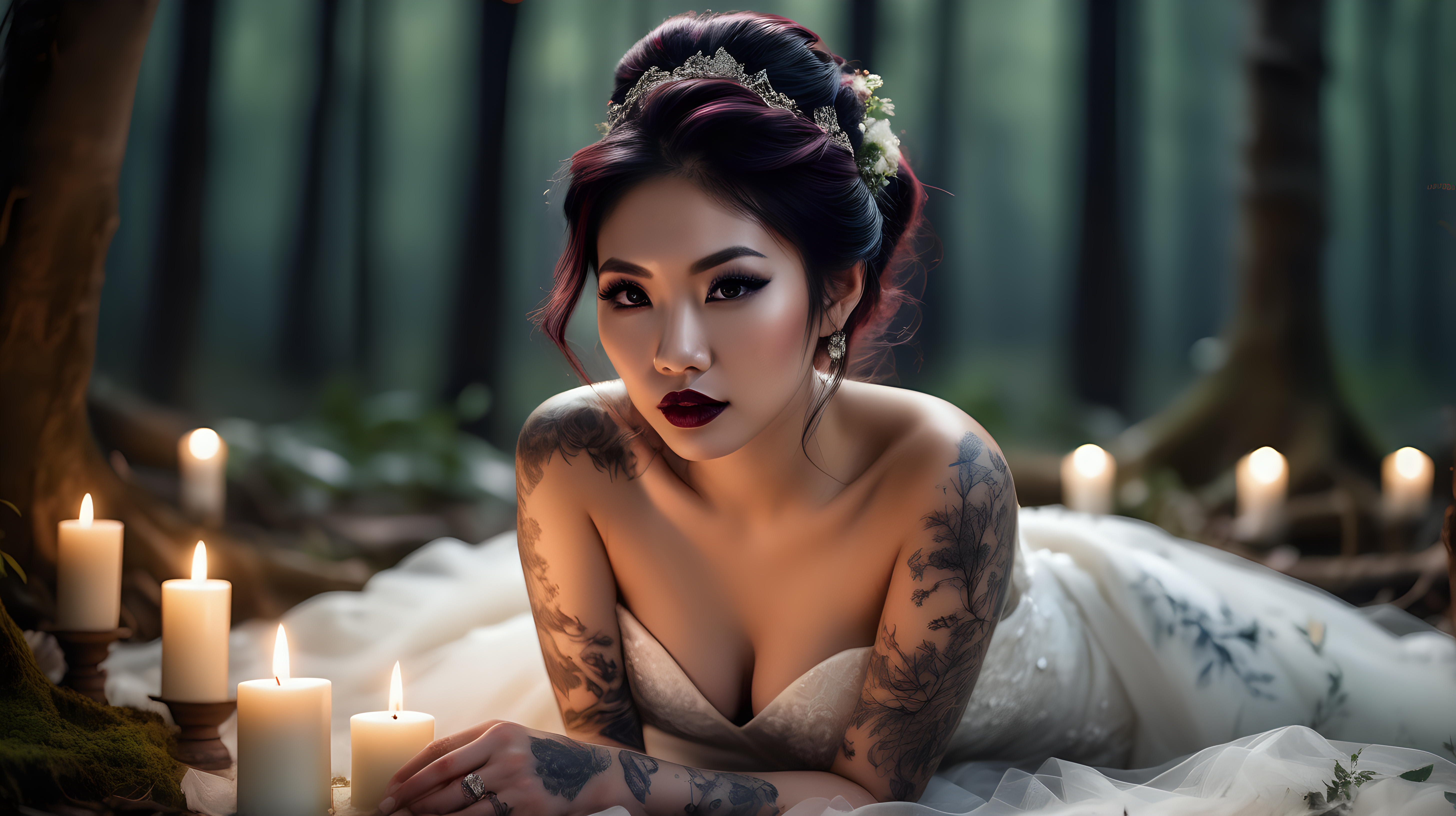 Beautiful Vietnamese woman, body tattoos, dark eye shadow, dark lipstick, hair in a messy updo, wearing a gorgeous wedding dress, bokeh background, soft light on face,laying on her stomach with knees bent in front of elaborate candlelit forest wedding, photorealistic, very high detail, extra wide photo
