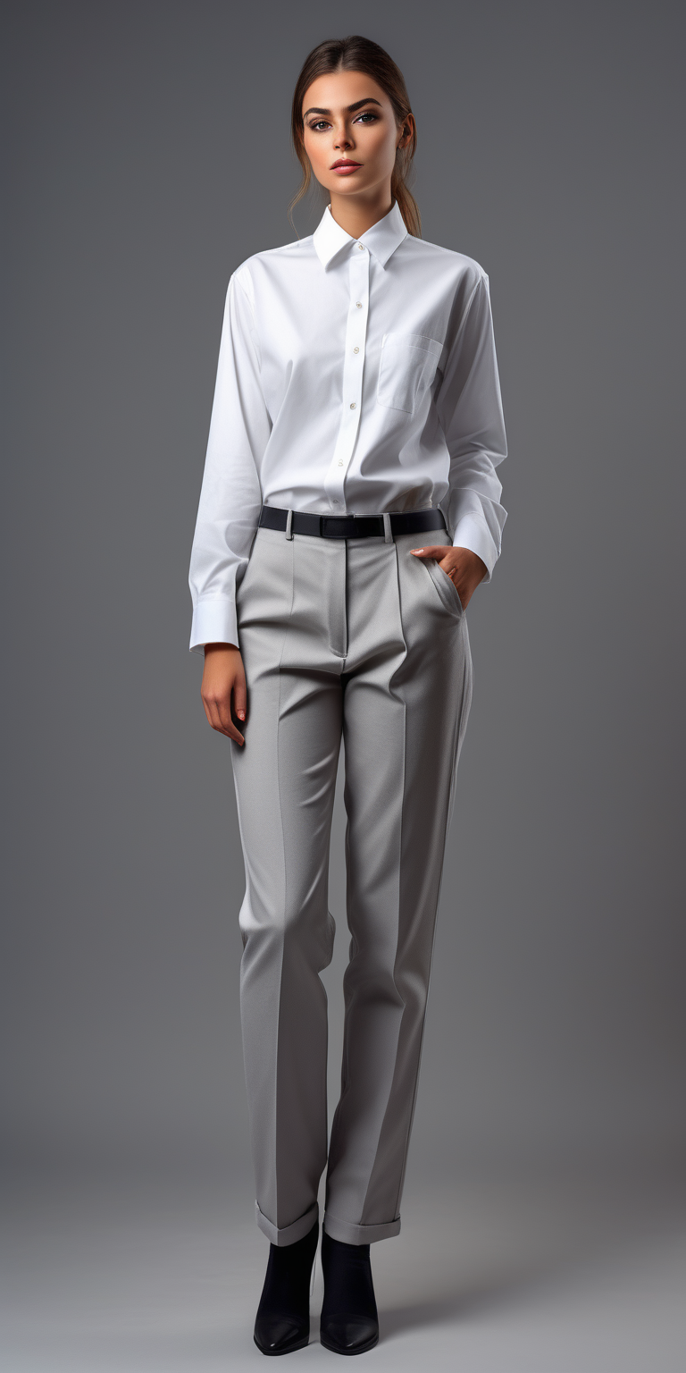 woman waiter, uniform, long sleeve oversize white shirt , modern style design, modern details, shirt collar, light gray classic canvas trousers, cigarettes trousers ,uniform design,  full body, art,  35mm photography, modern fashion, gray backround, 