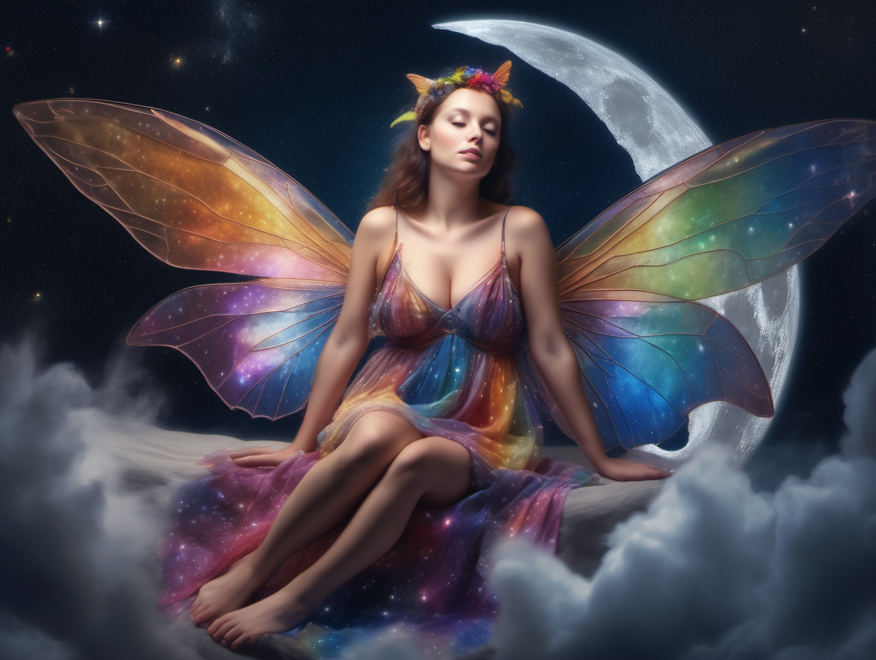 hyperrealistic extreme detail photograph of a female fairy with large breasts, colourful transparent wings and a colourful open front loose dress sitting on the moon under a starry sky facing the camera