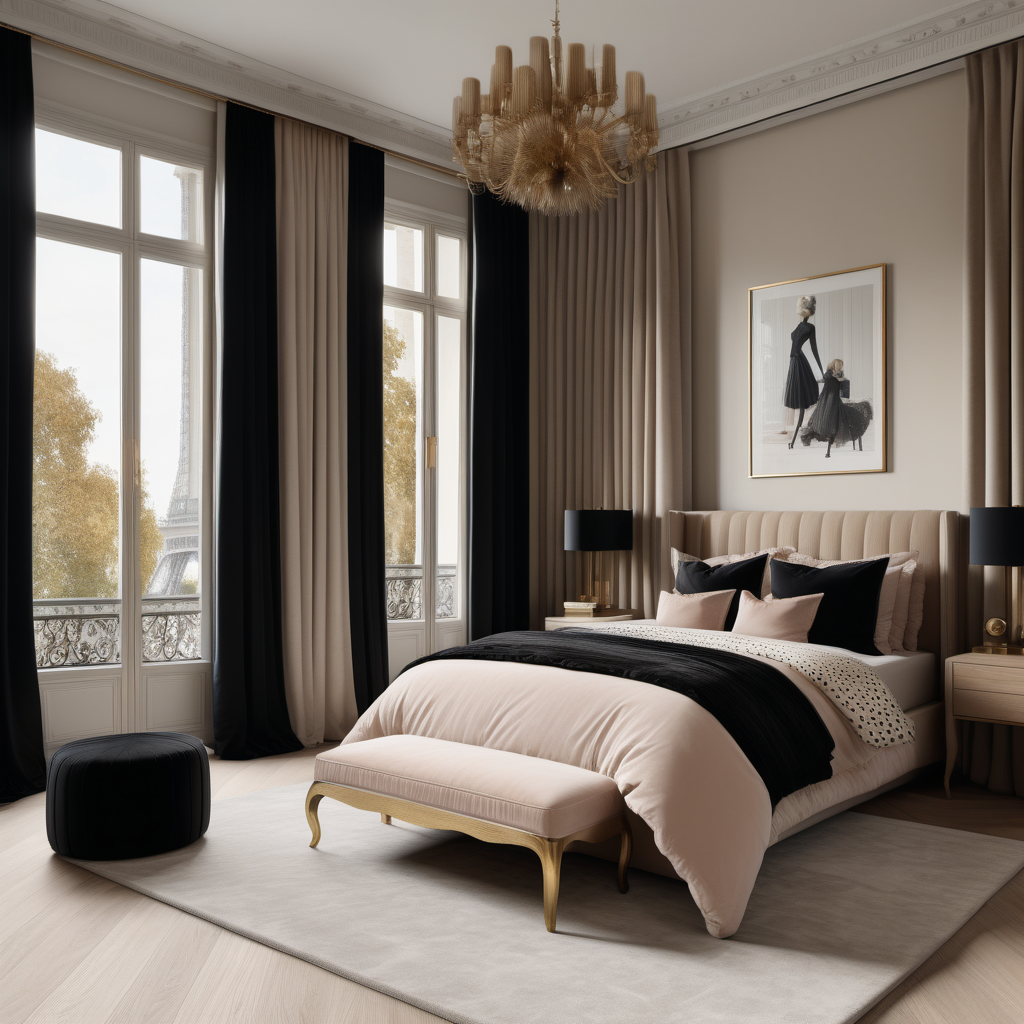 A hyperrealistic image of a grand, Modern Parisian, feminine, elegant, childrens bedroom with curtains,  in a beige oak brass and black colour palette with floor to ceiling windows 