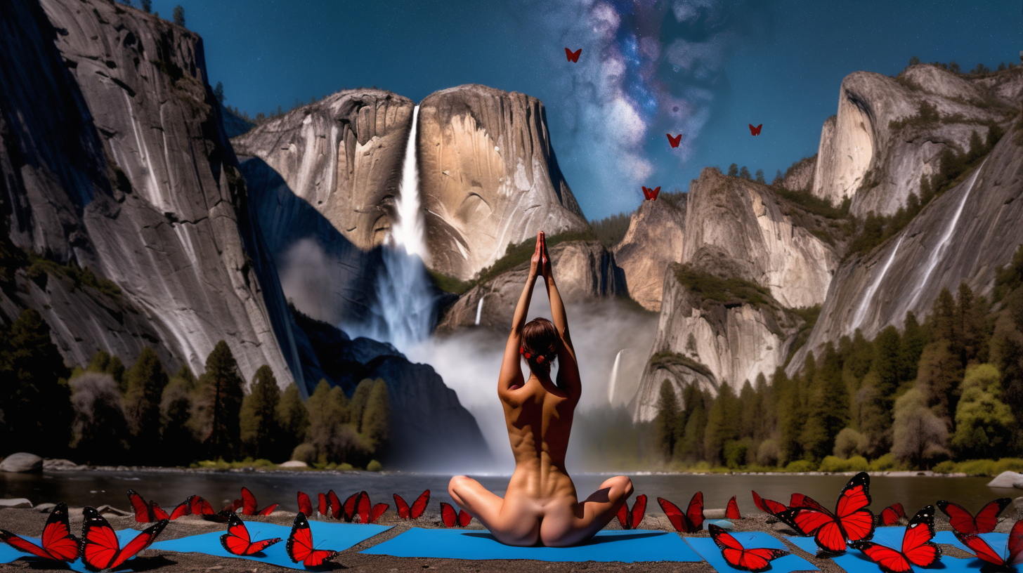 nude woman practicing yoga at night in front of Yosemite Falls surrounded by red and blue butterflies