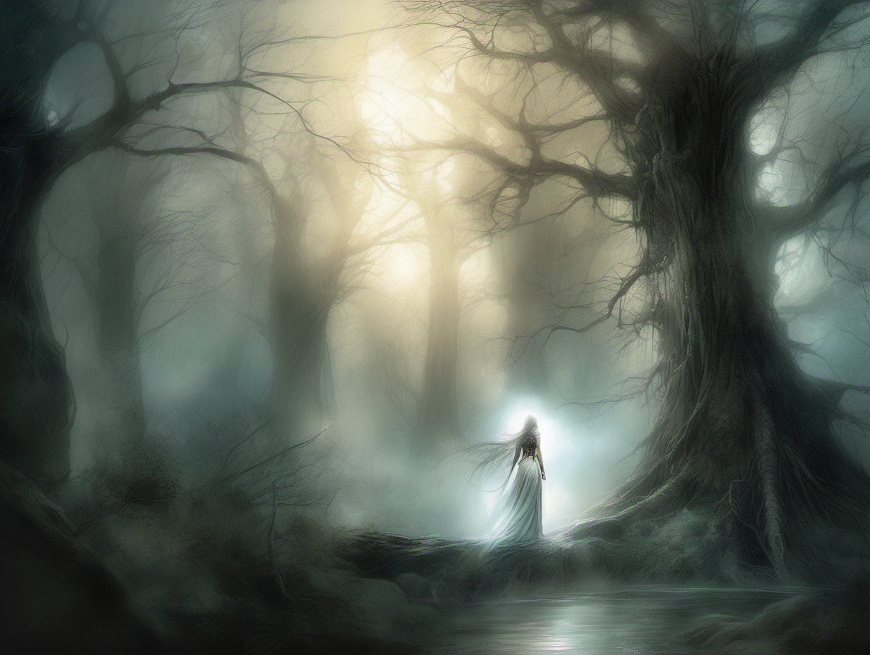 genera una ilustración de fantasía estilo Luis Royo, de un bosque mágico, luz etérea y mística