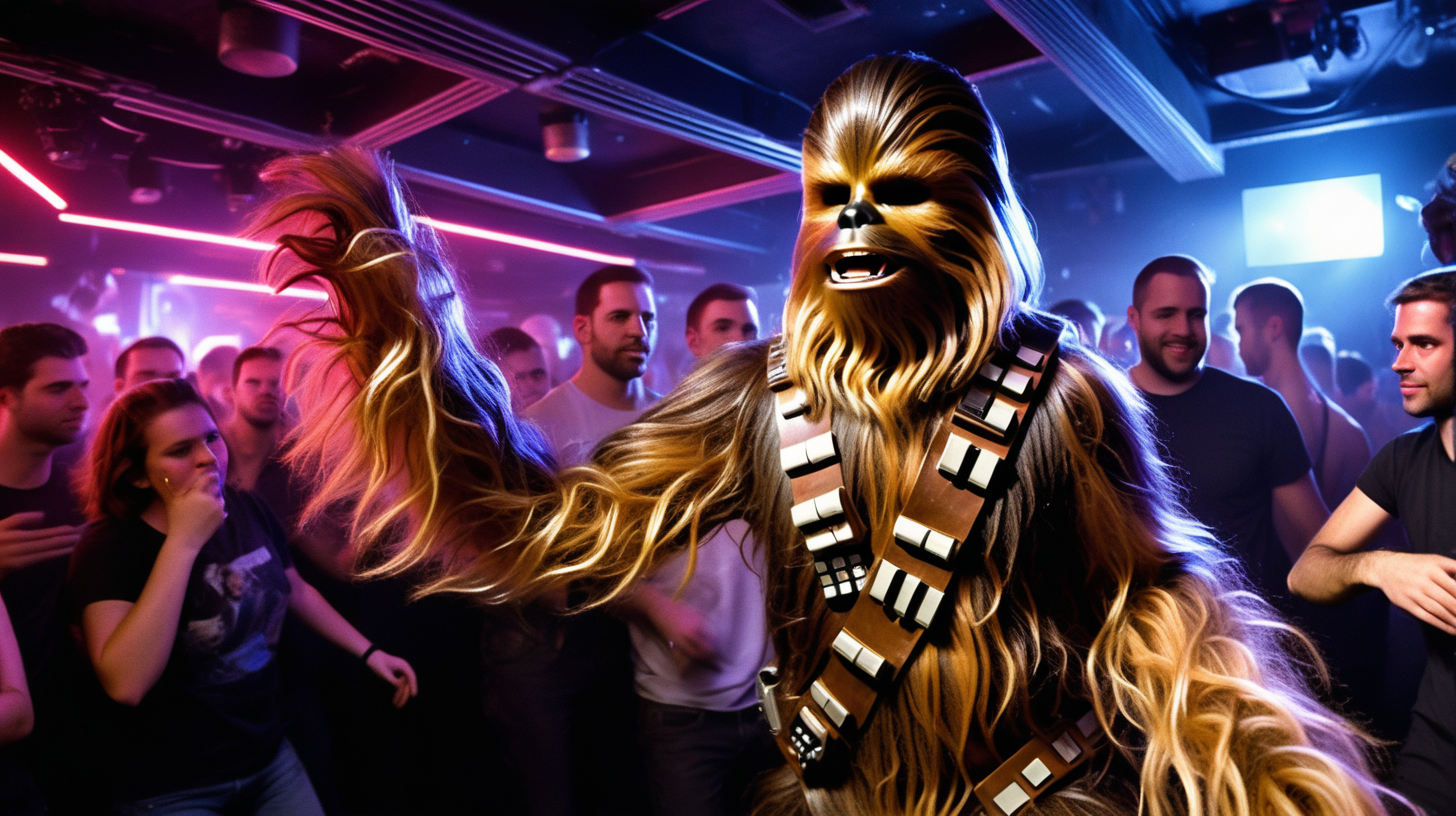 chewbacca dancing in a real world on a techno party in a new york club