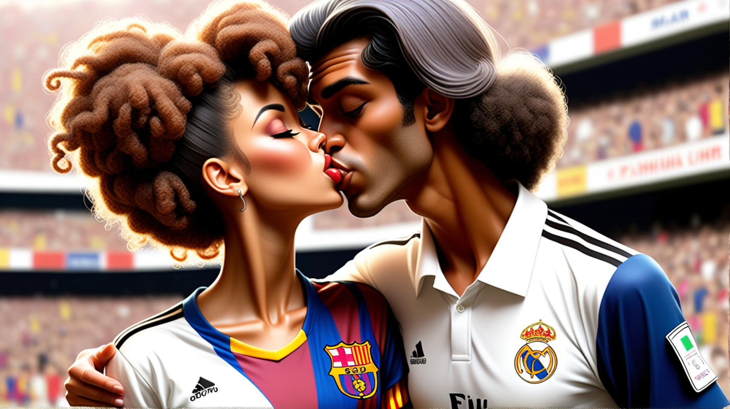 Mujer mulata estilo milo manara vestida de futbolista del Barcelona besando a pato donald vestido de futbolista del real madrid