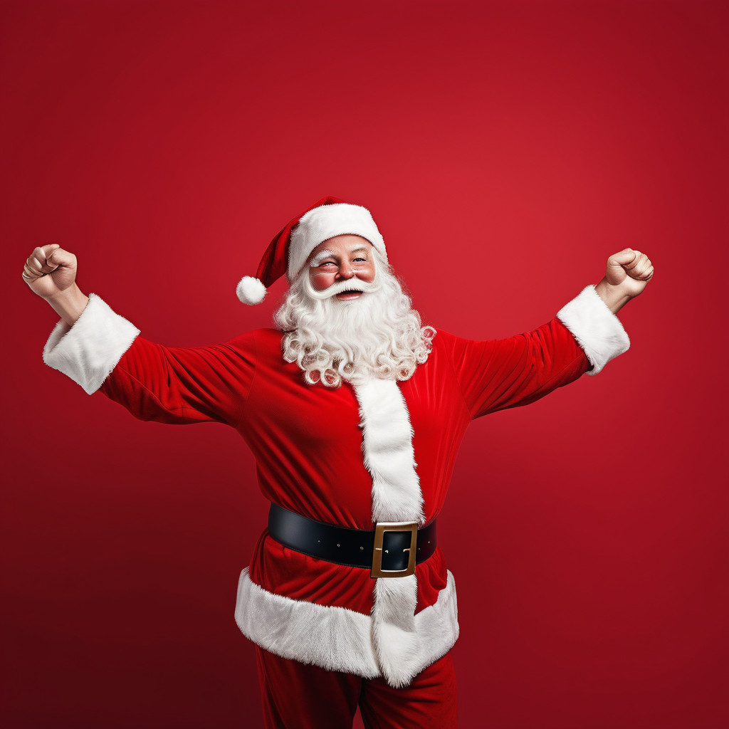 santa stretching arms + plain red background