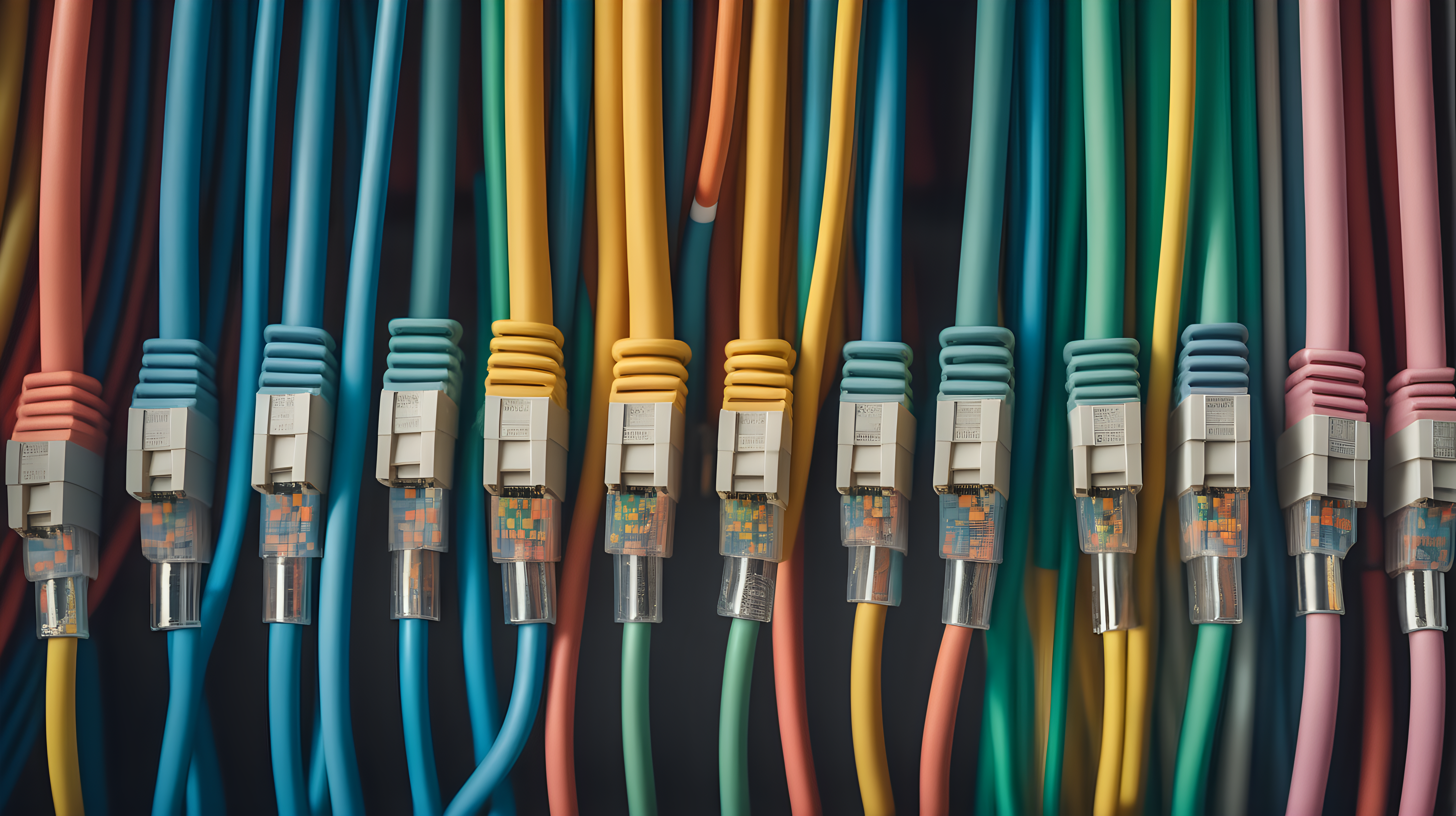 high quality close-up photograph of many data center network cables of various colors in the style of a wes anderson movie
