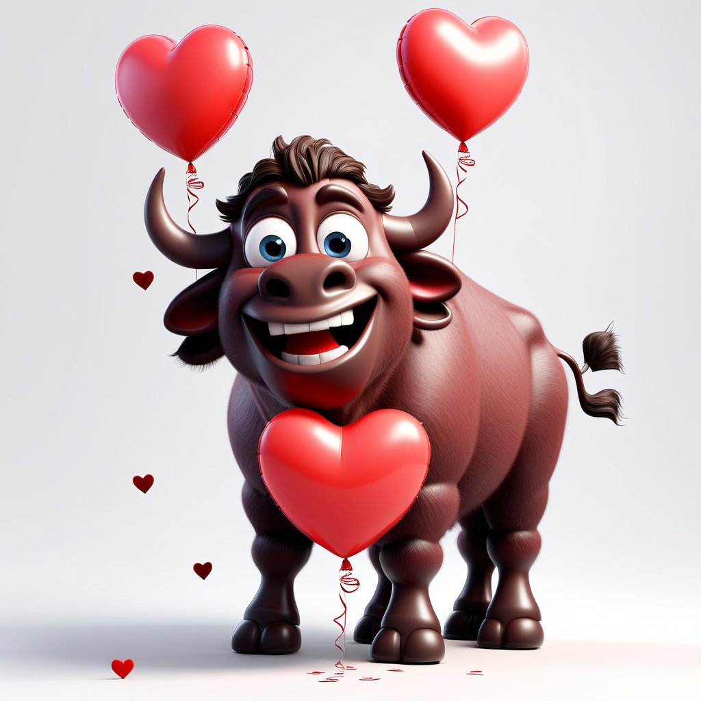 "Sweet Pixar 3D Valentine's Buffalo", imagine a 3D buffalo in Pixar 3D style surrounded by red heart-shaped balloons, set against a clean white backdrop. Ideal for conveying affection. --v 5 --stylize 1000