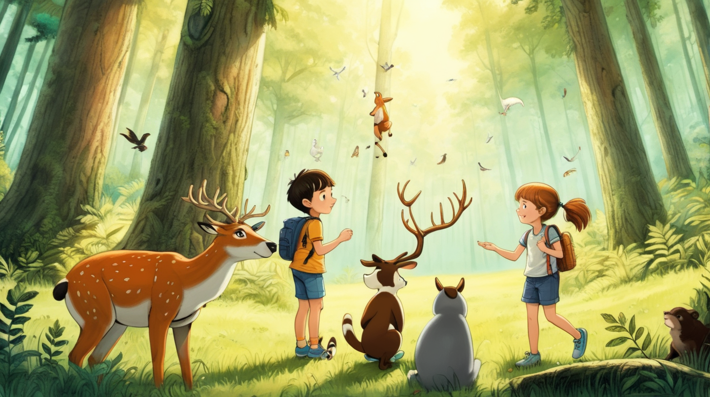 one boy and one girl enjoying in a forest with trees and animals.