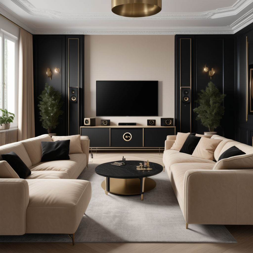 A hyperrealistic image of a grand, elegant modern Parisian teenagers gaming room with a gaming computer setup, a large tv, gaming consoles and controllers, a large comfy sofa, in a beige oak brass and black colour palette
