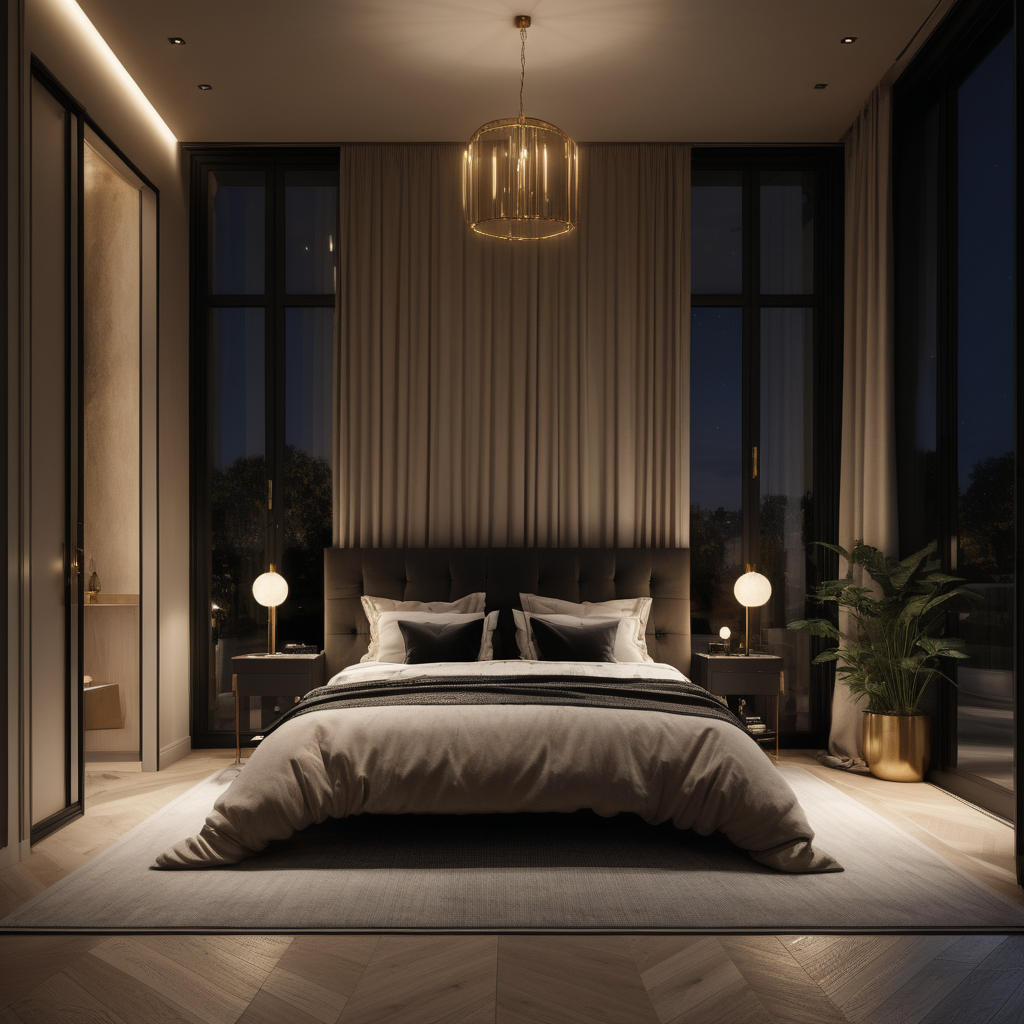 a hyperrealistic image of a palitial modern Parisian  bedroom at night with mood lighting, floor to ceiling window and doors opening to the private courtyard in beige, oak, black and brass with modern brass pendant lights 
