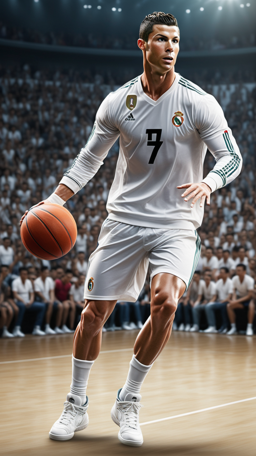 Full body, Cristiano Ronaldo is playing basketball, fans and basketball court background, realistic, ar 2: 1 --v 5